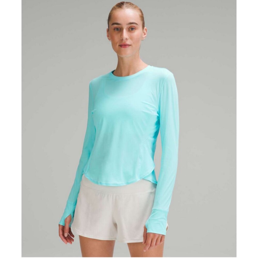 Lululemon Sz. 14 NWT UV Protection Fold-Over Running Long-Sleeve Shirt Cyan Blue